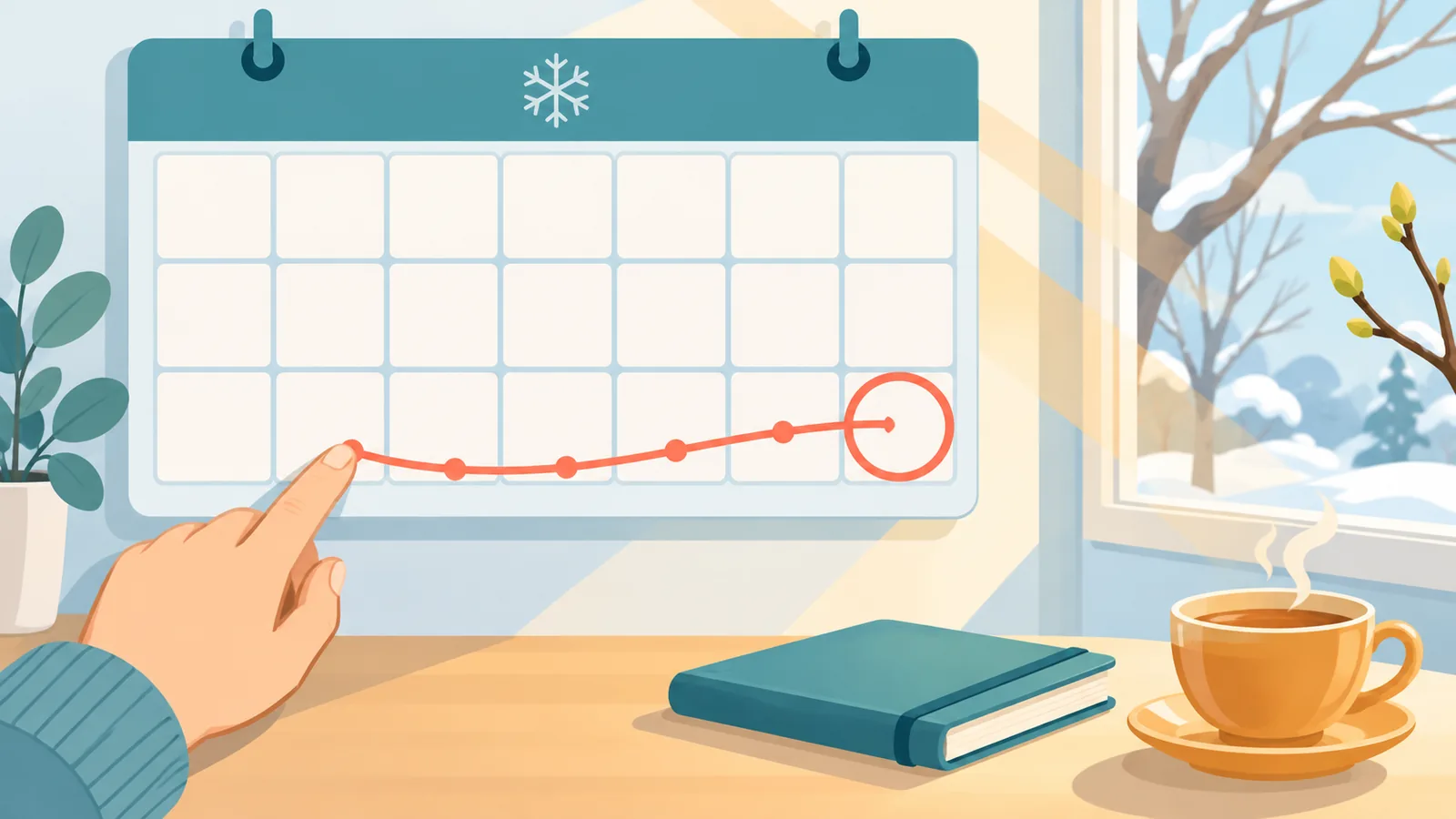 Finger tracing a winter date on a paper wall calendar