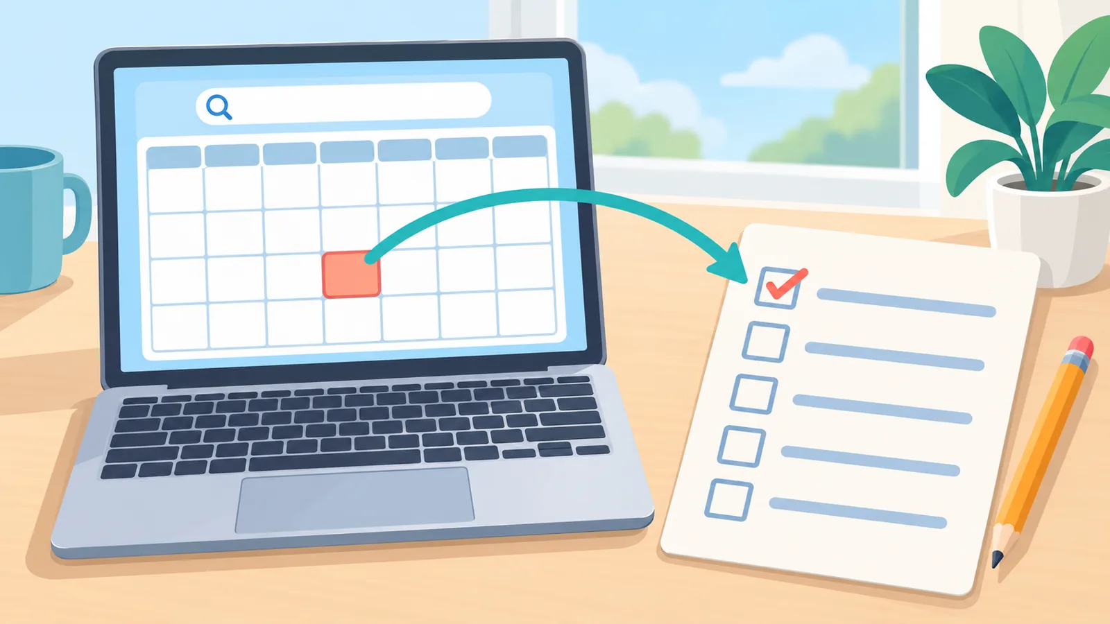 Laptop with a calendar lookup page beside a handwritten checklist