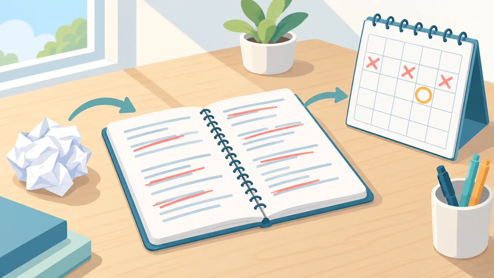 Notebook with crossed-out notes beside a calendar