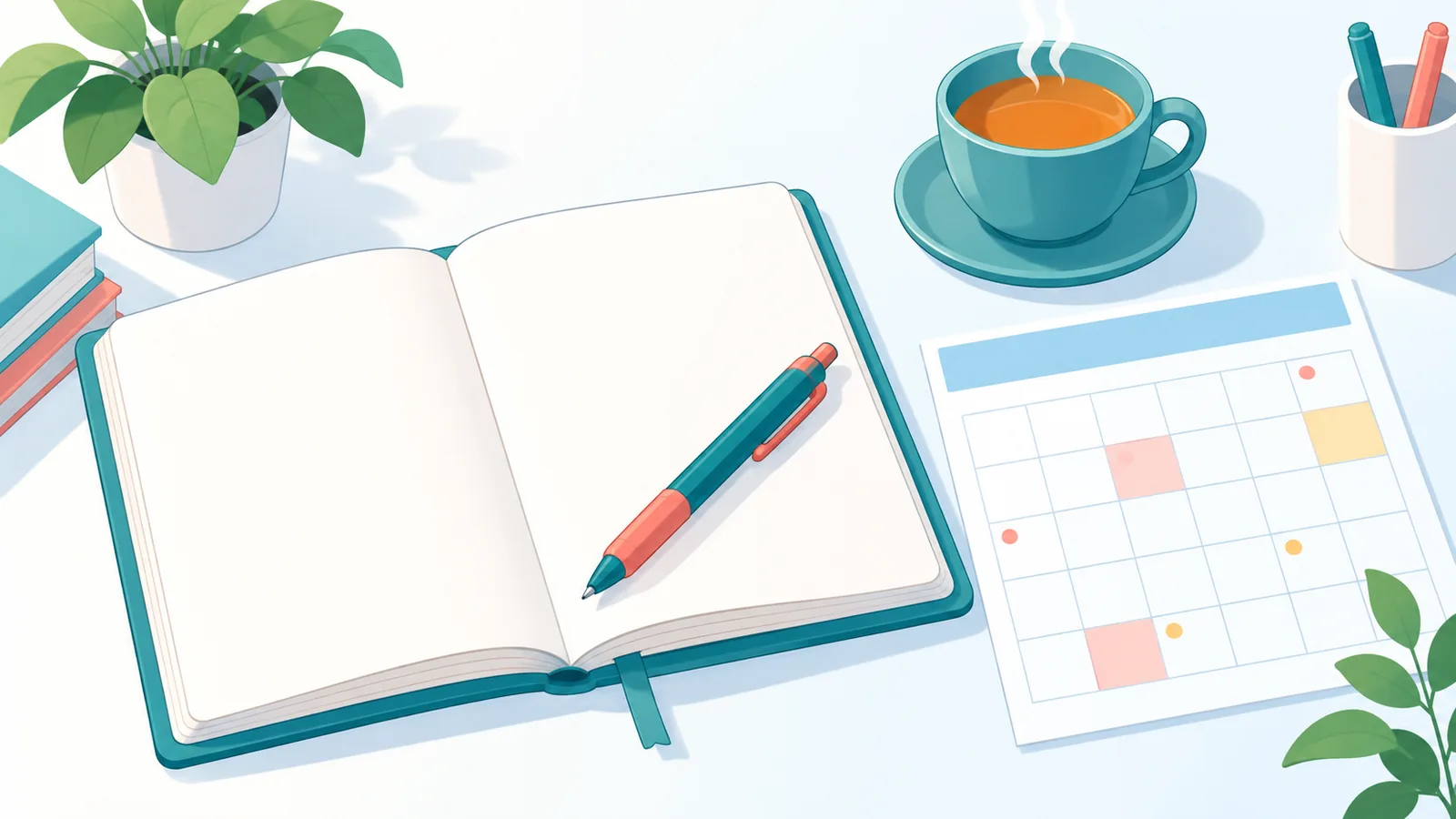 Open notebook and tea beside a printed calendar