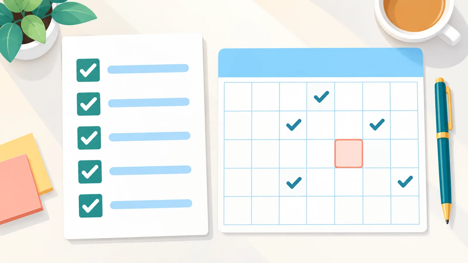 Completed checklist with a calendar and pen on a tidy desk