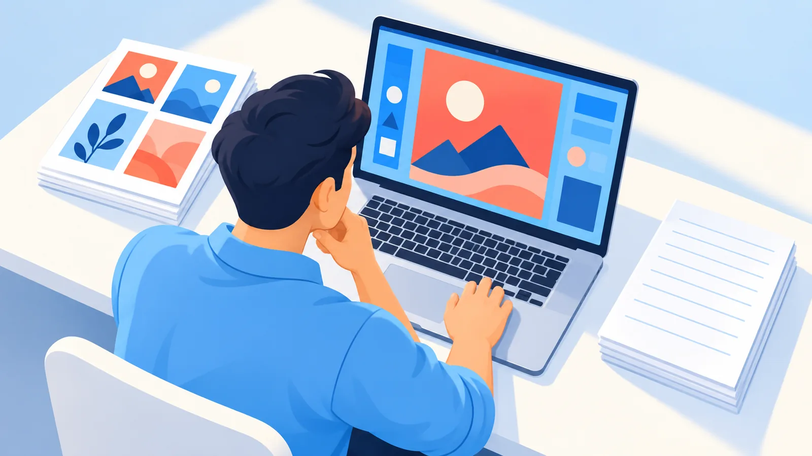 Person at a desk choosing between client design work and digital products