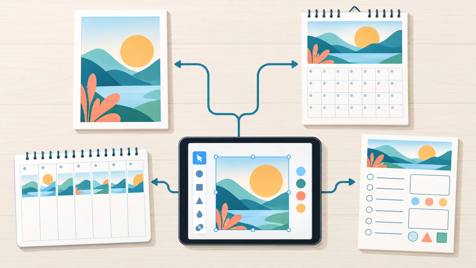 Printable and digital product ideas laid out on a table
