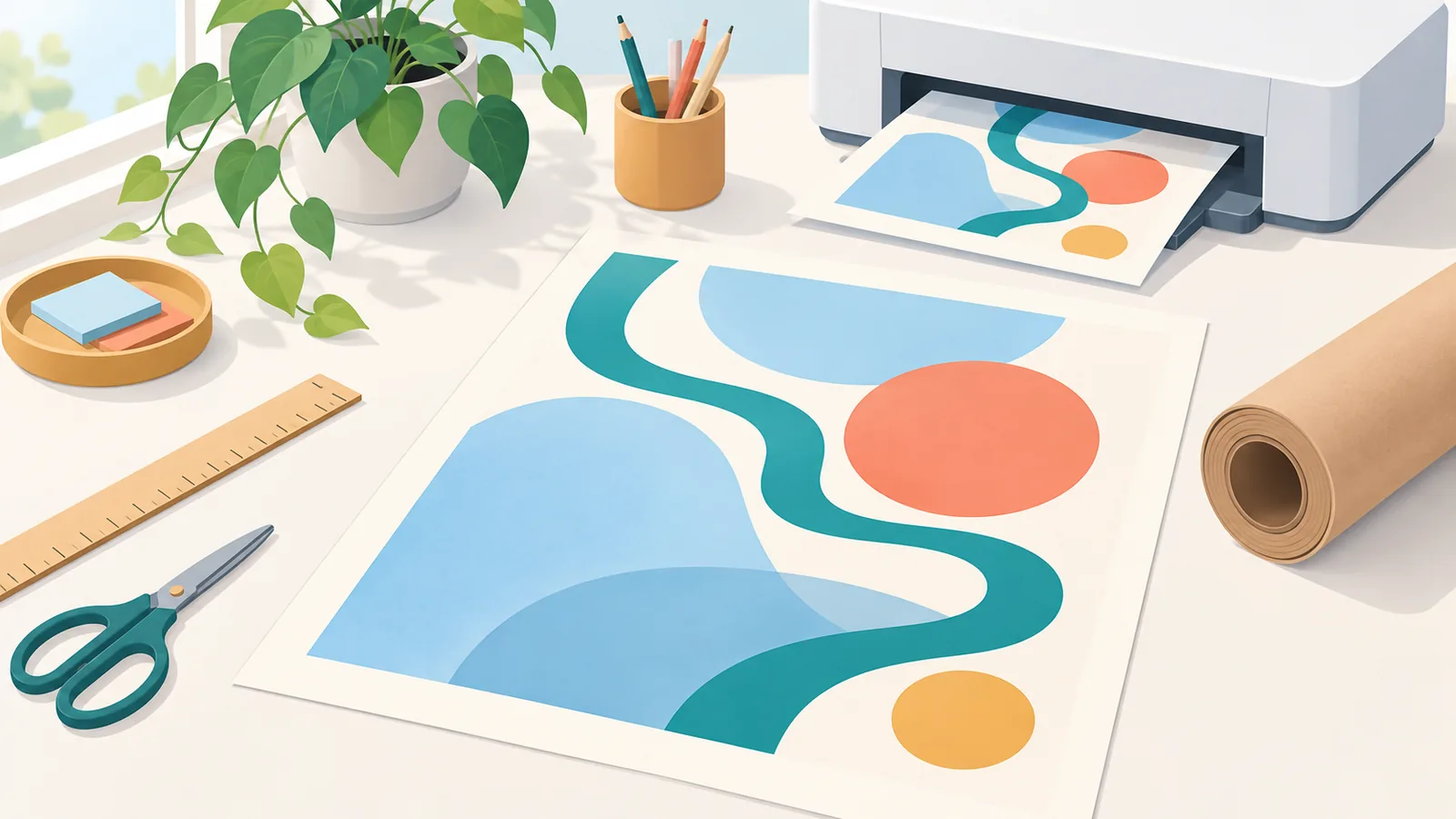 Original printed poster on a home desk with printing supplies
