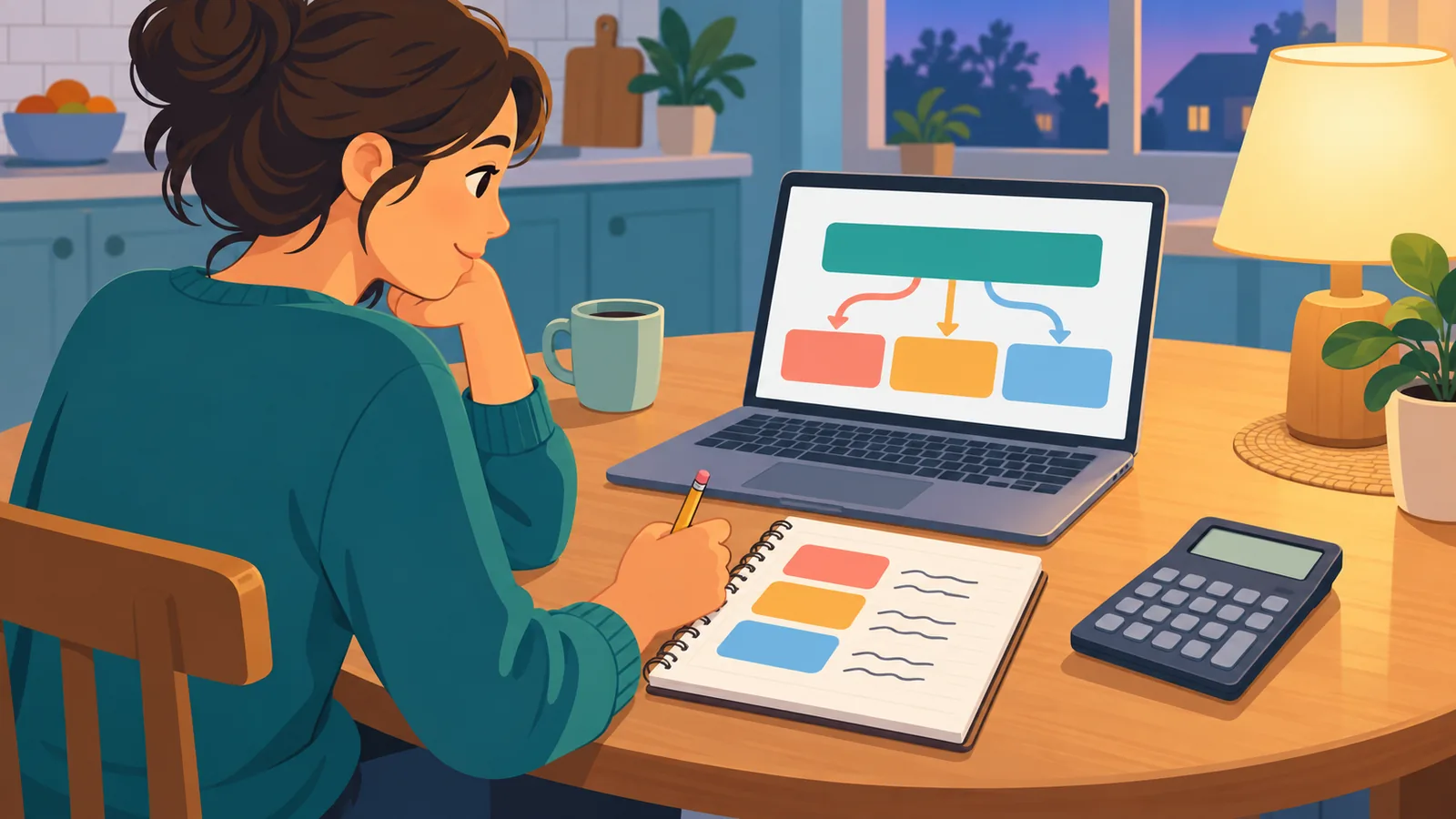 Person weighing time and costs of a side hustle at a kitchen table