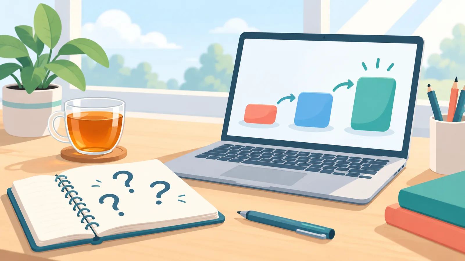 Notebook of beginner questions next to a laptop and tea