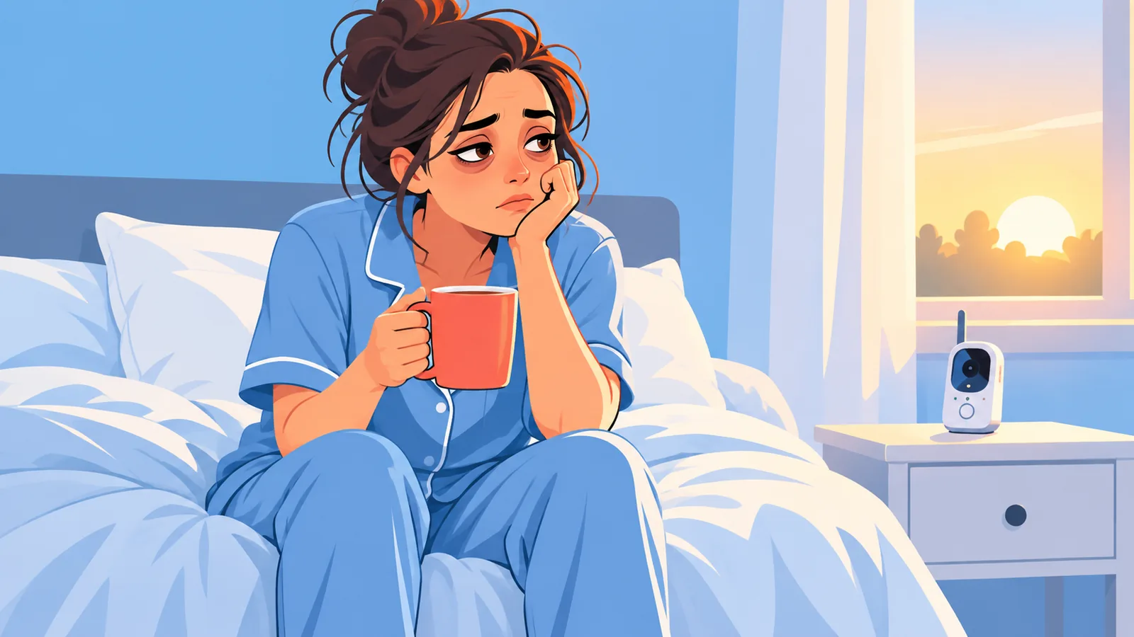 Person lying awake in a dim bedroom with a hand resting on the lower back
