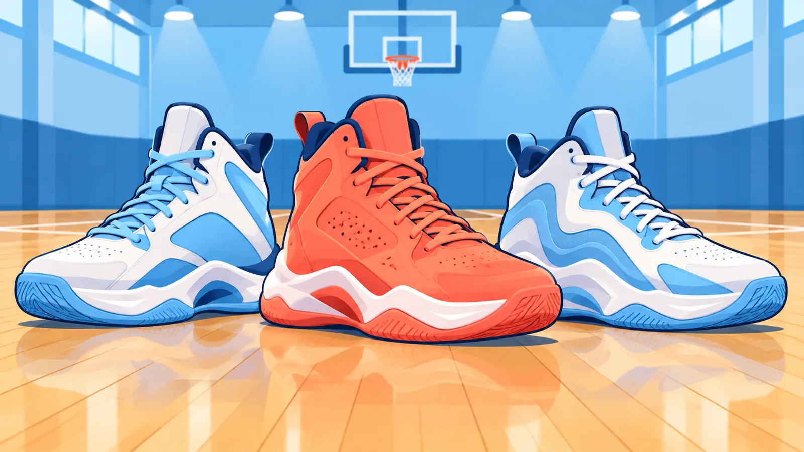 Three basketball shoes lined up on a gym floor