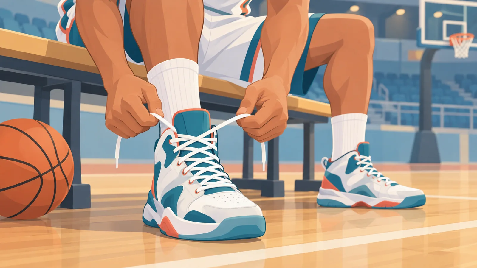 Player lacing up a high-top basketball shoe on a court