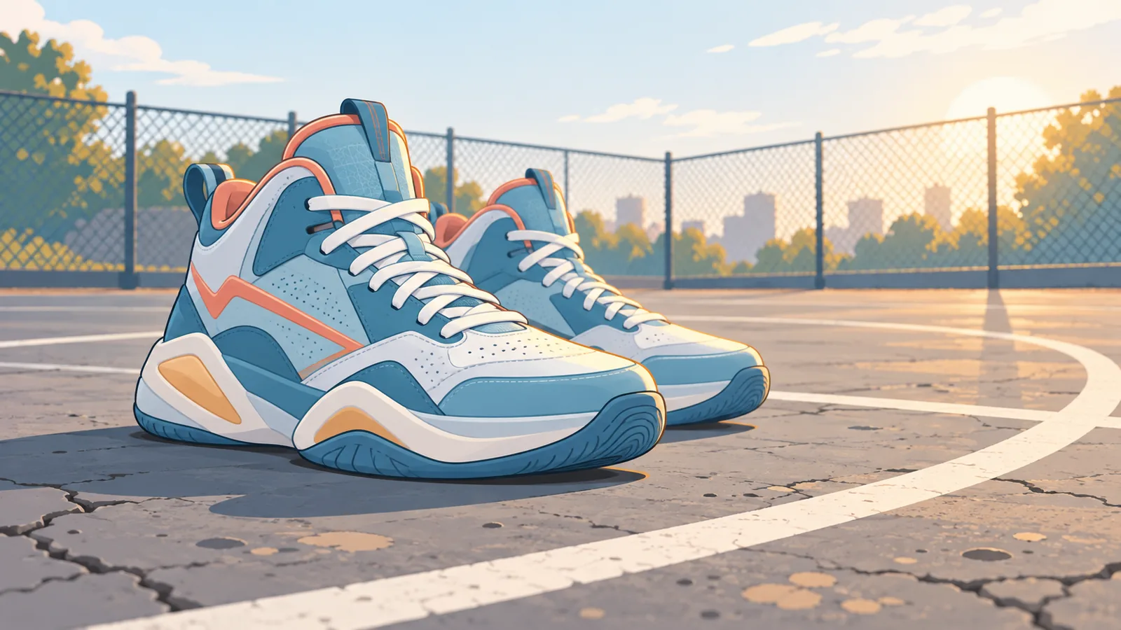 Basketball shoes on an outdoor blacktop court