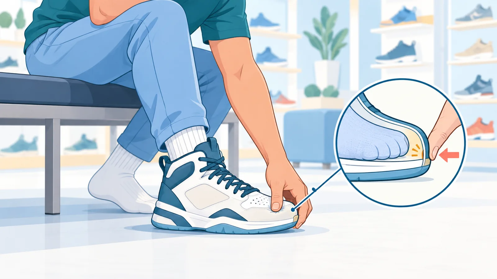 Shopper trying on basketball shoes in a store