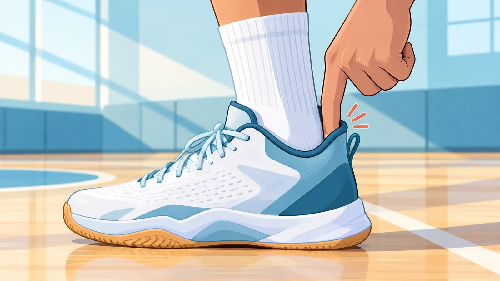 Player checking heel fit in a basketball shoe
