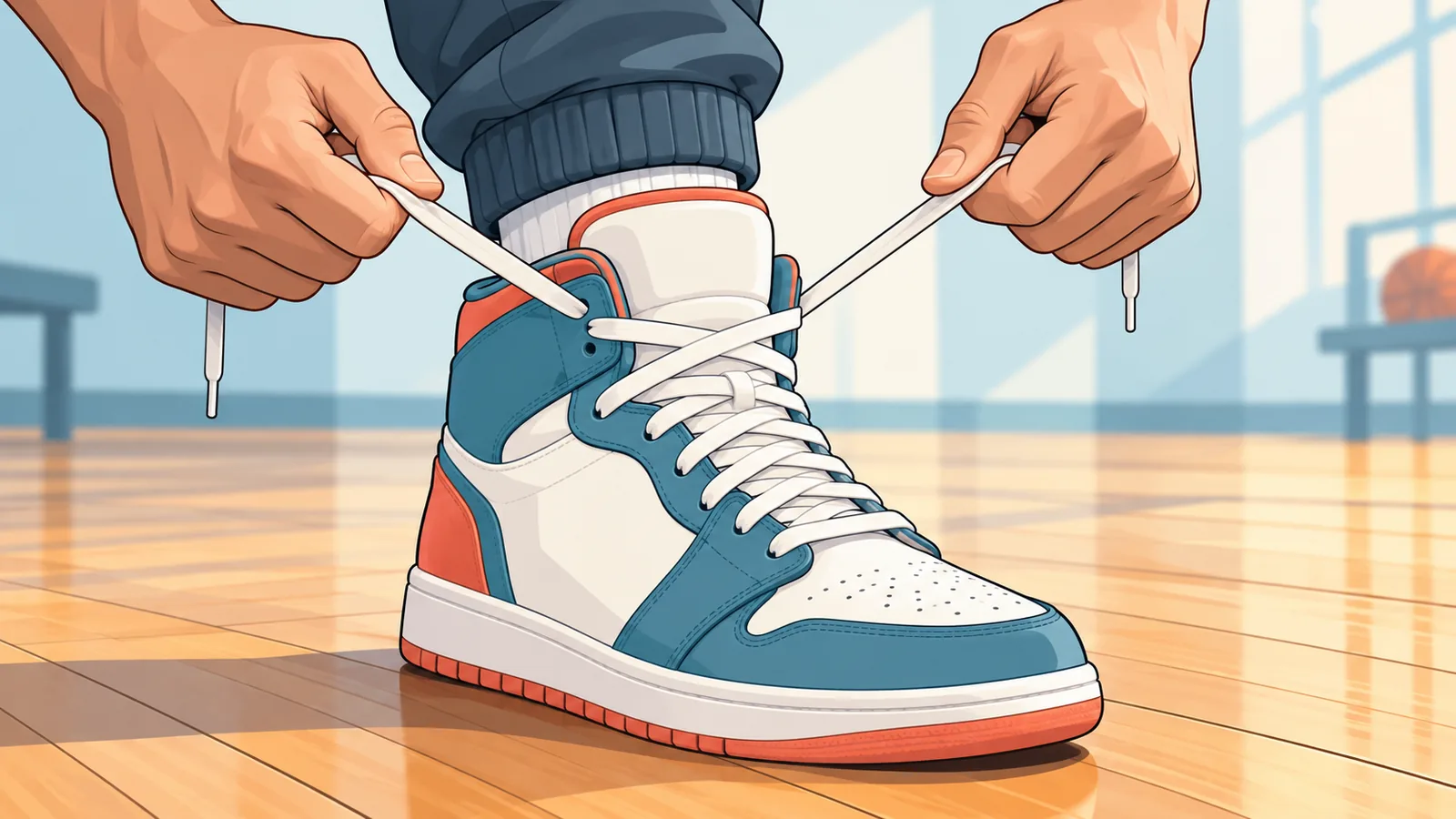 Laces being tightened on a basketball shoe