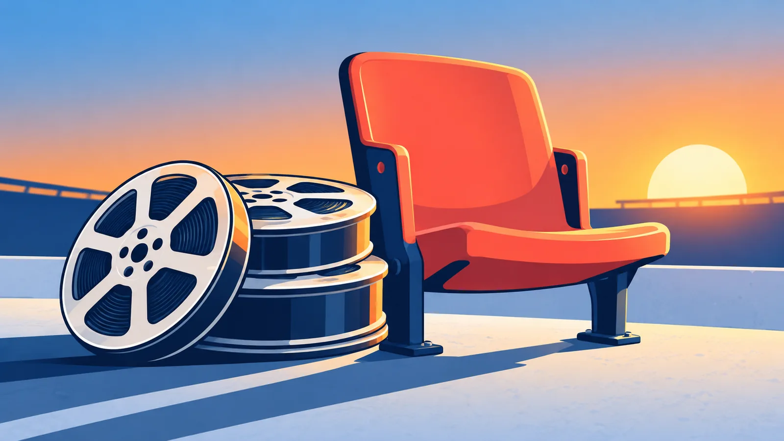 Film reels beside an empty stadium seat at dusk