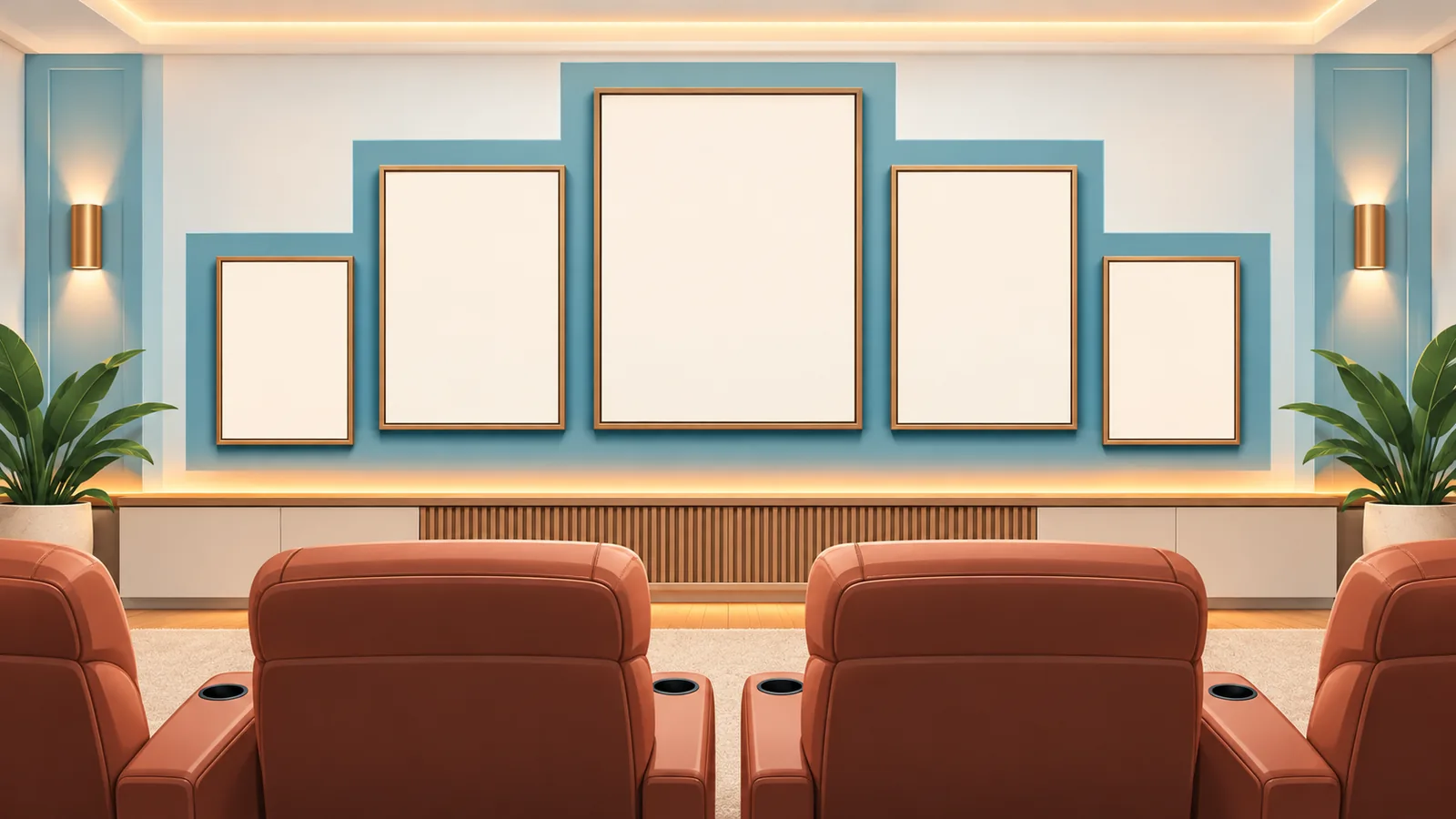 Home theater wall with framed ranked-list posters