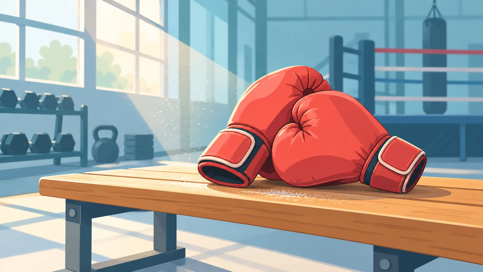 Boxing gloves resting on a gym bench