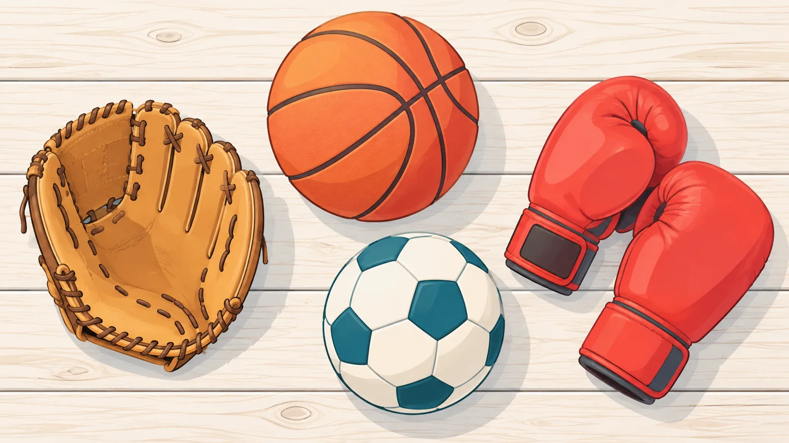 Baseball glove, basketball, soccer ball and boxing gloves on a wooden table