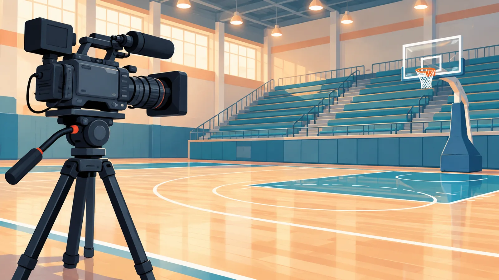 Documentary camera on a tripod courtside