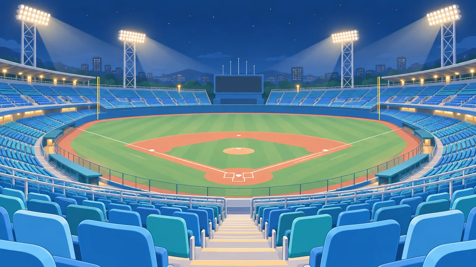 Empty seats in a Japanese ballpark at night