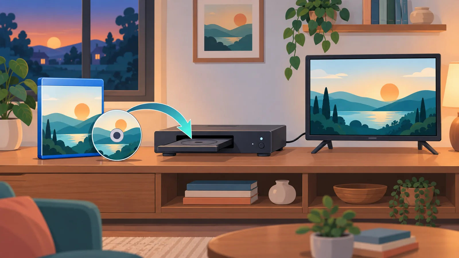 Blu-ray case and disc beside a player