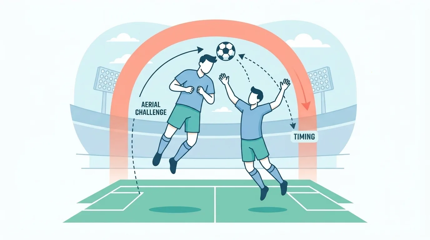 Players contesting a header in a league game