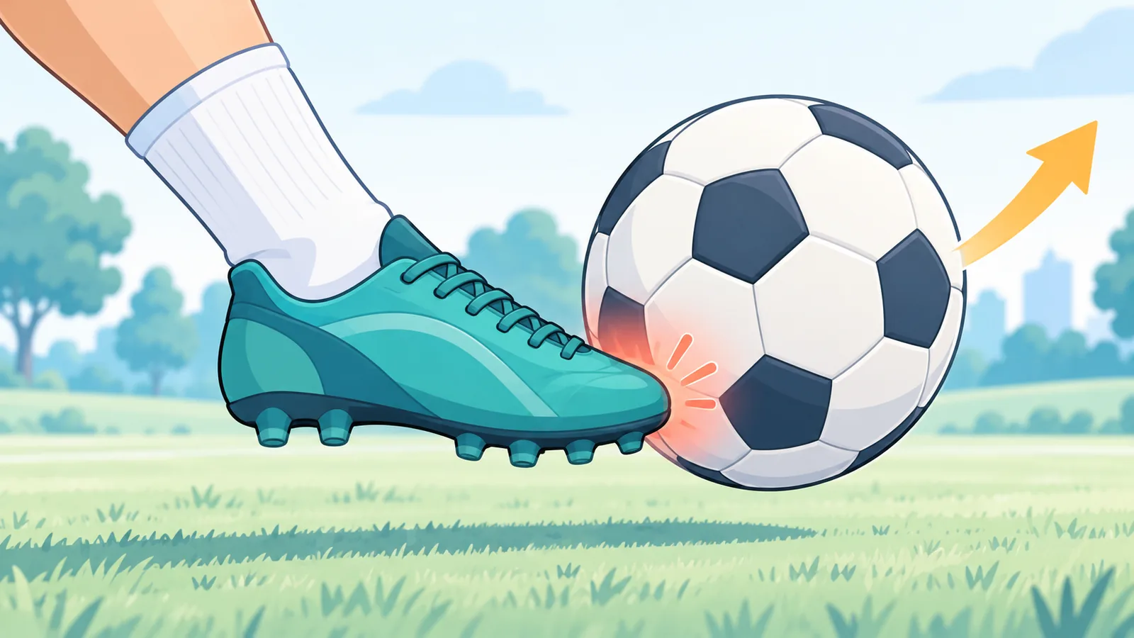 Close-up of the laces striking the lower-middle of a soccer ball