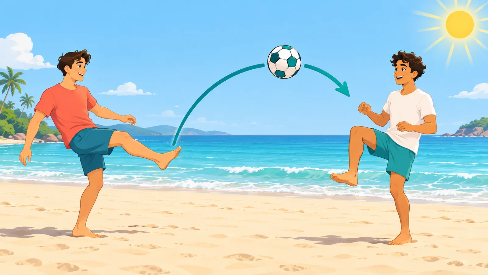 Two friends practicing a juggling relay drill on a beach