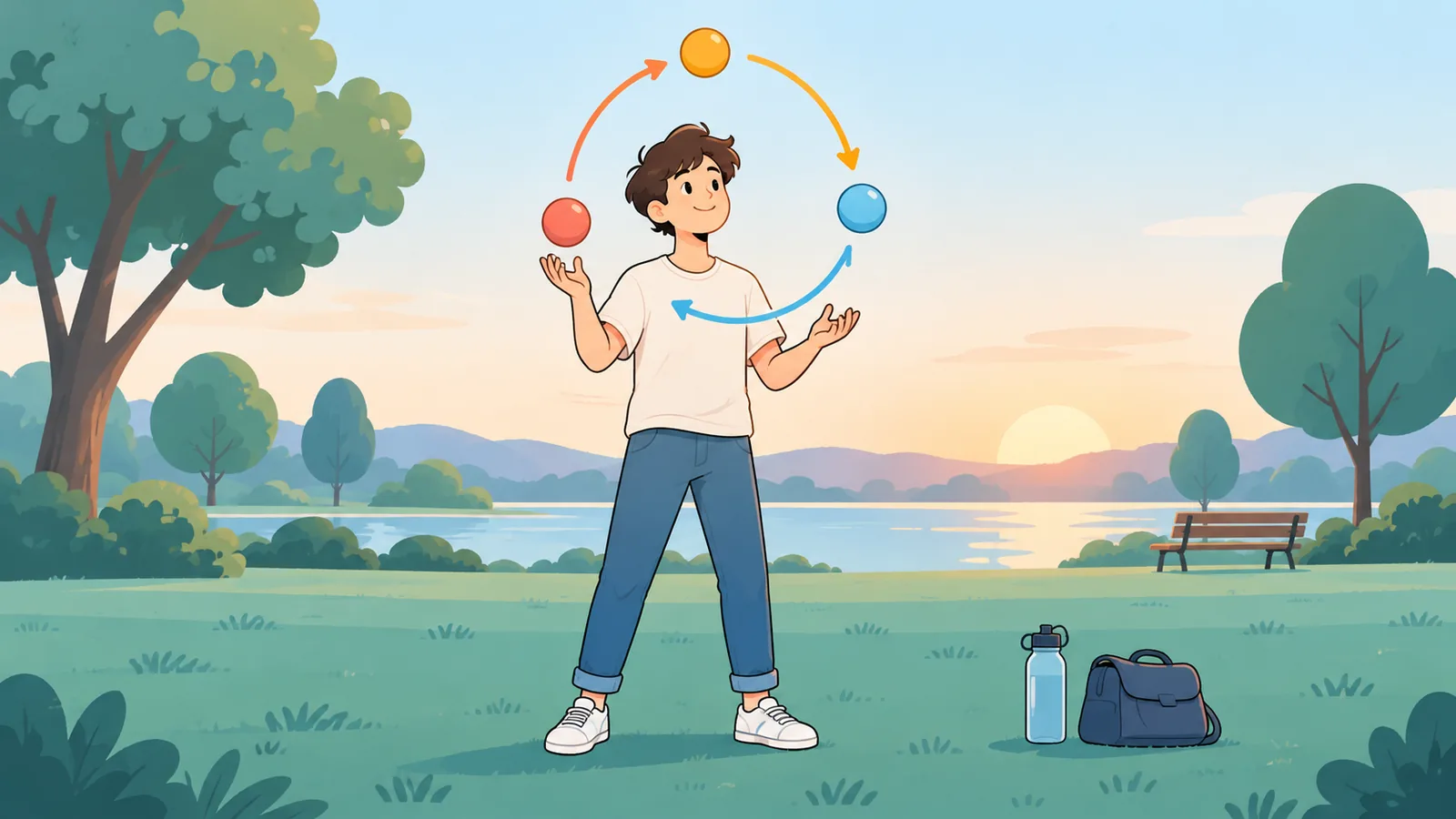 Young player on a solo juggling practice session in a park