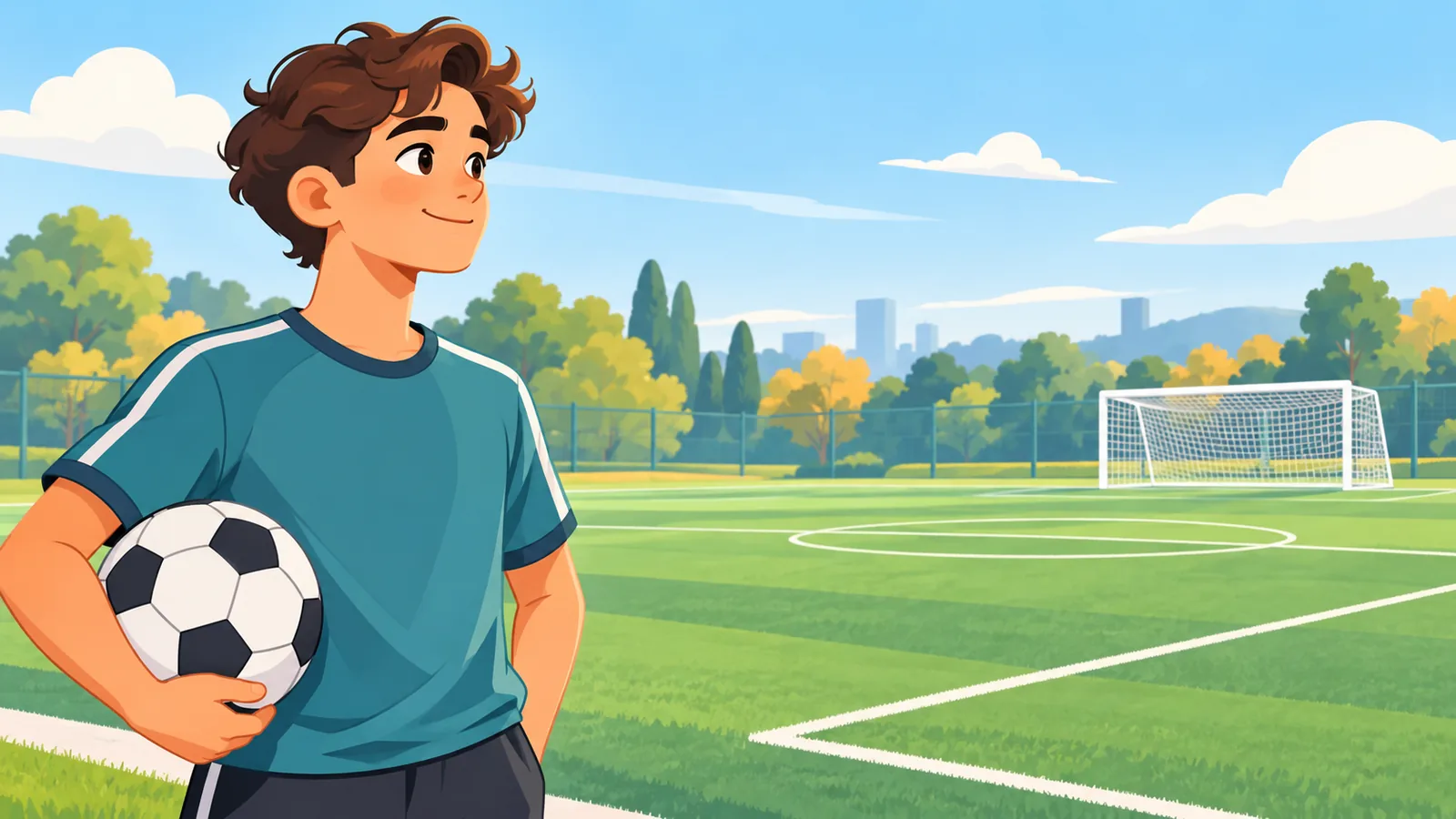 Smiling beginner holding a soccer ball under one arm