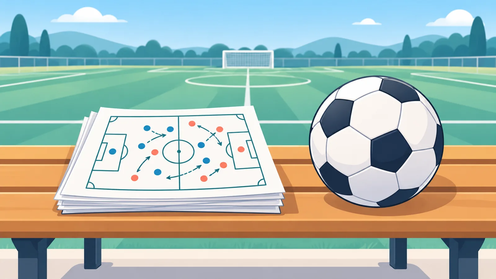 Coaching notes and a soccer ball resting on a bench