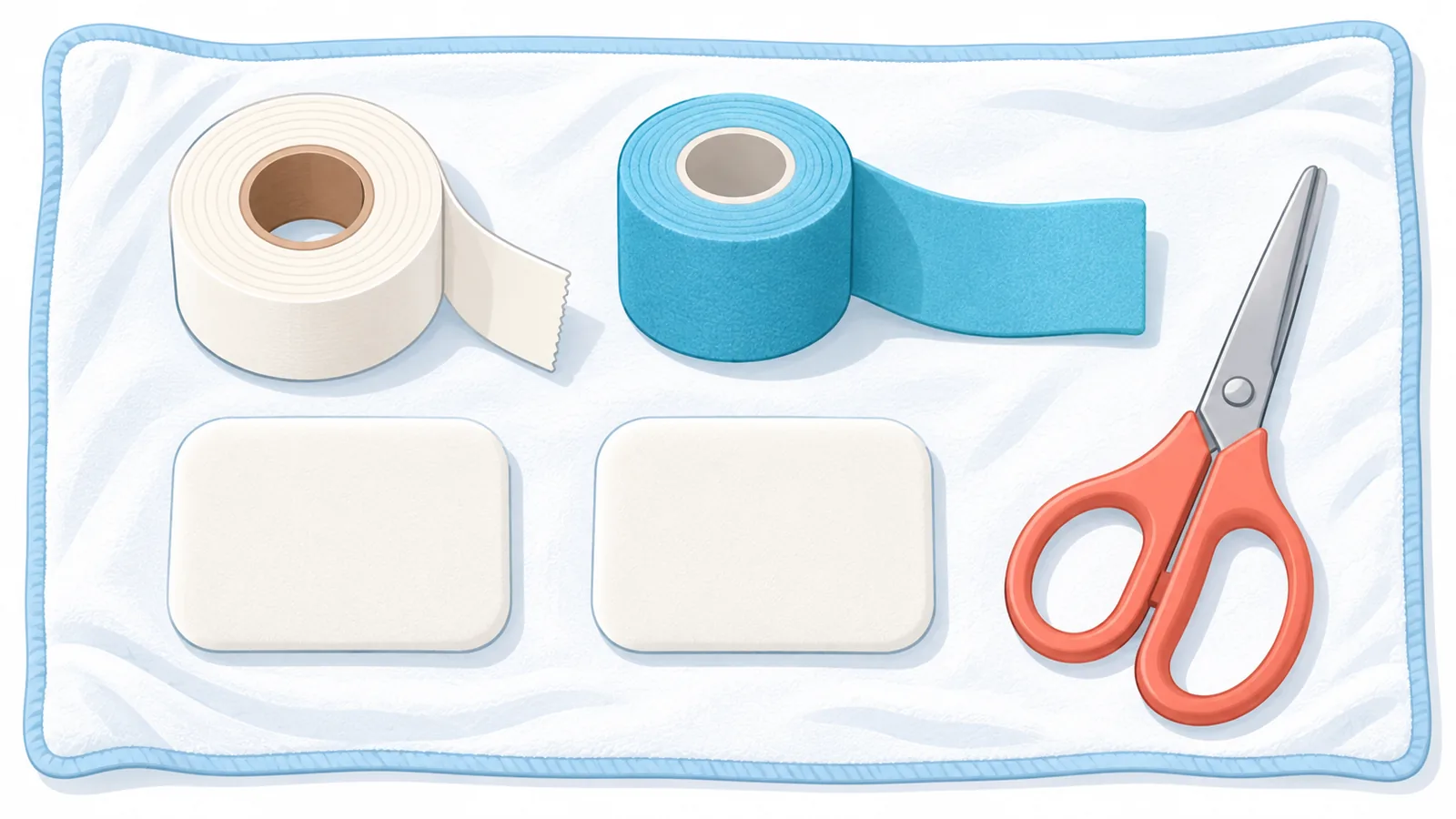 Ankle taping supplies laid out on a towel