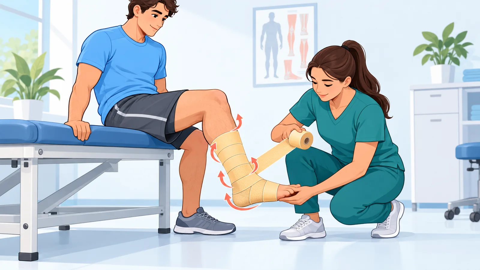 Trainer applying prewrap to an athlete’s ankle
