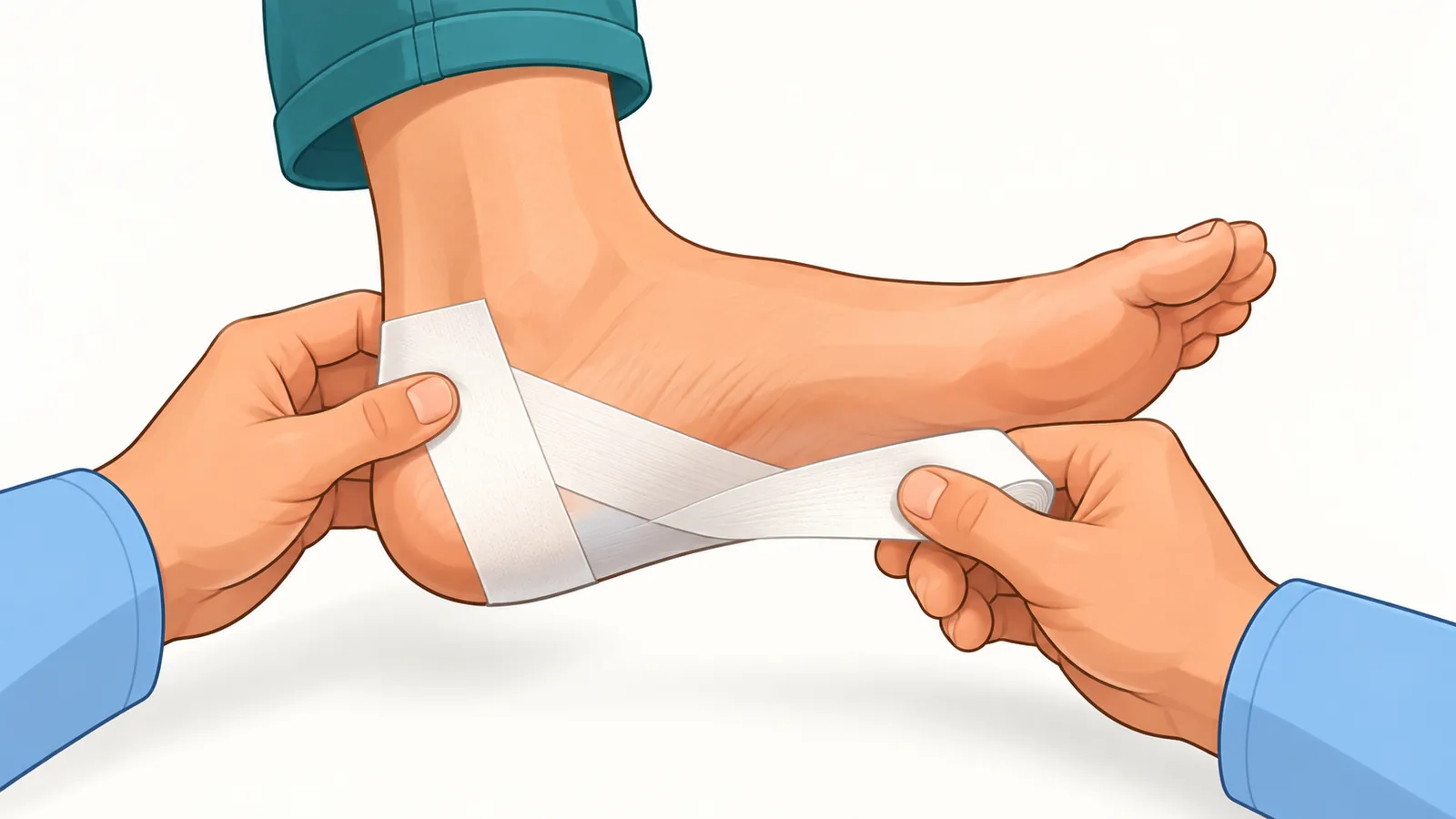 Trainer applying tape strips around an ankle