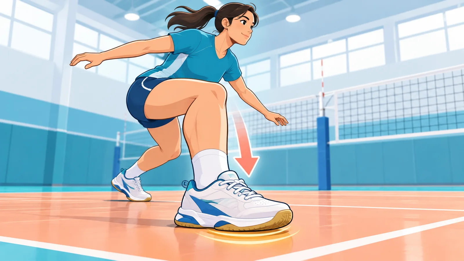 Volleyball player landing on an indoor court