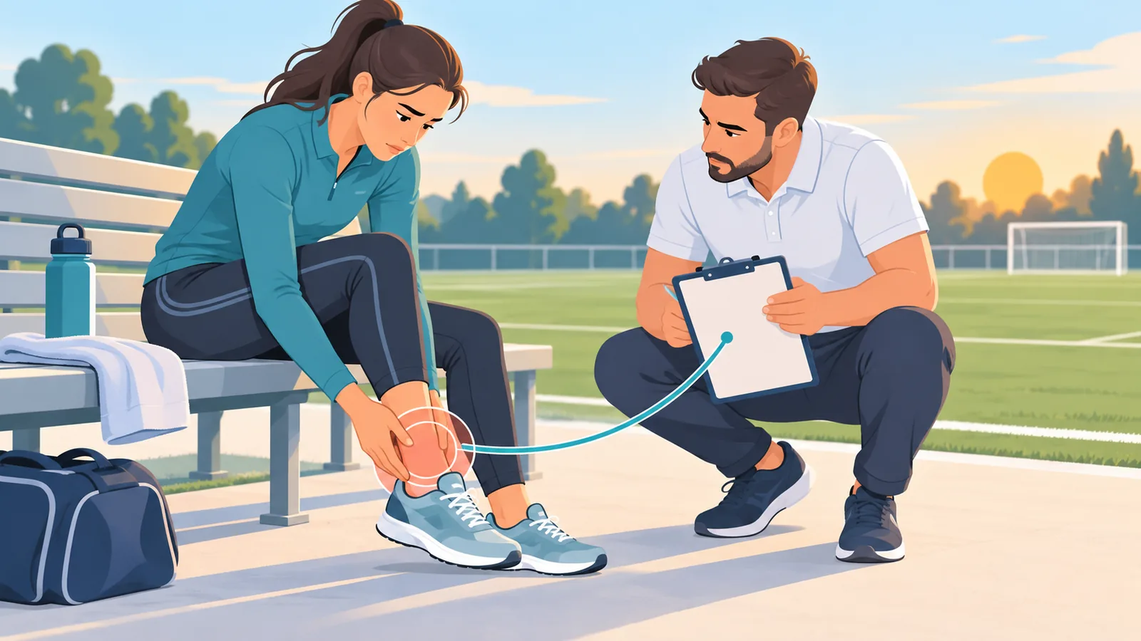 Athlete with a sore ankle being assessed by a physiotherapist