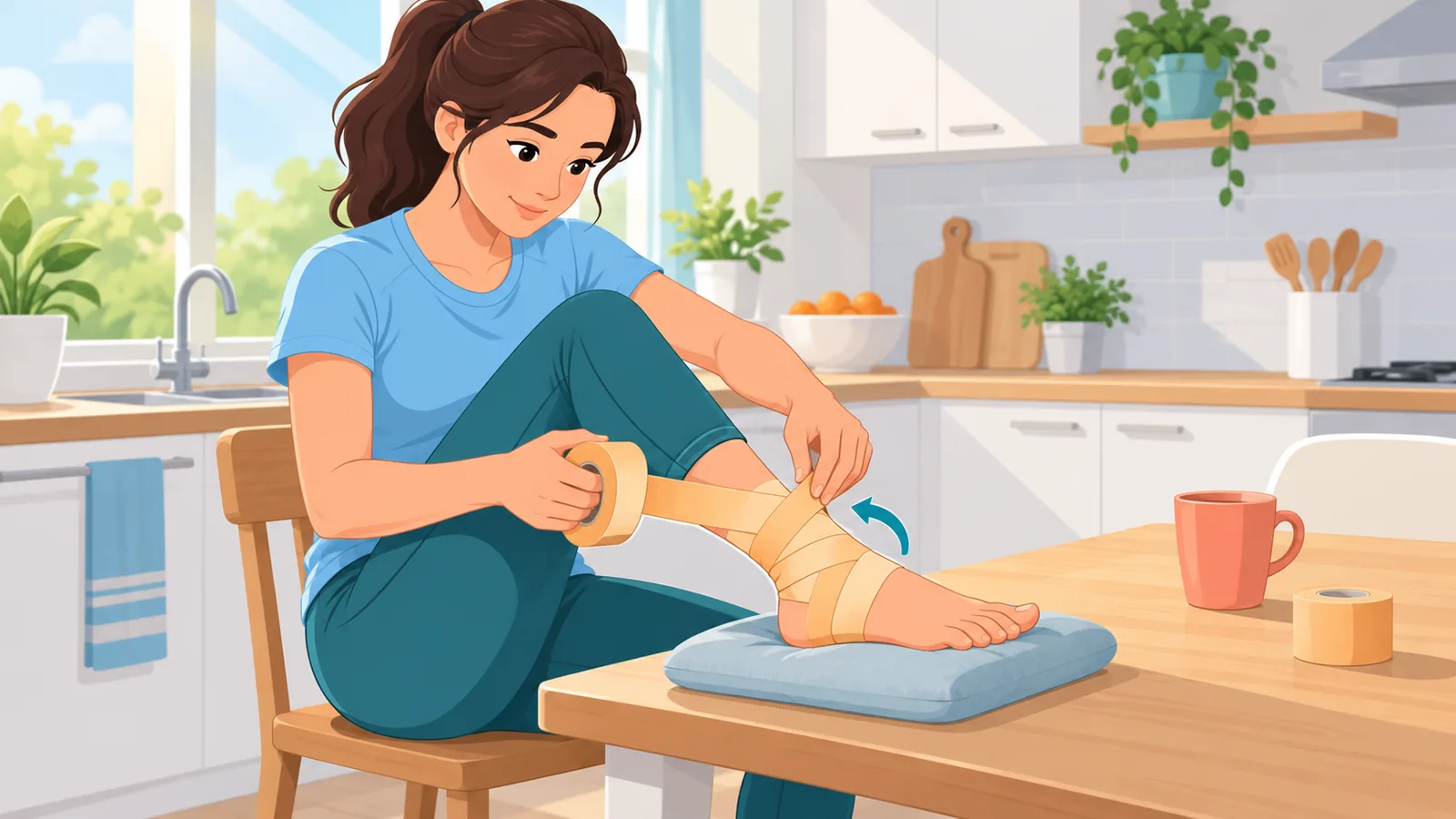 Athlete practicing ankle taping at home