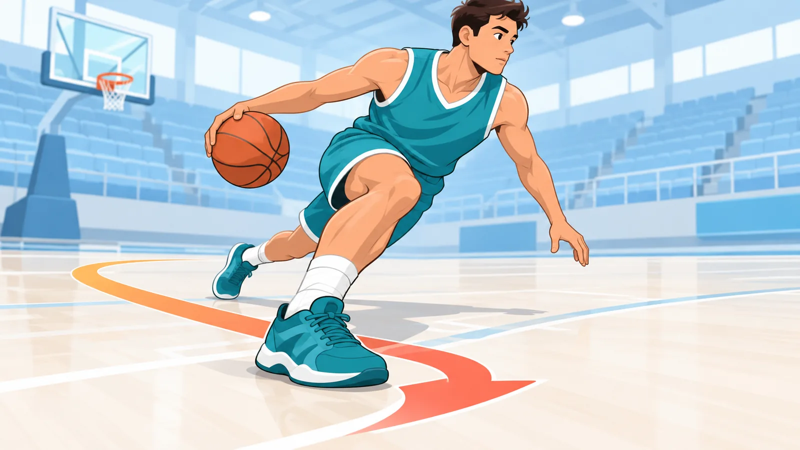Basketball player with a taped ankle cutting on court