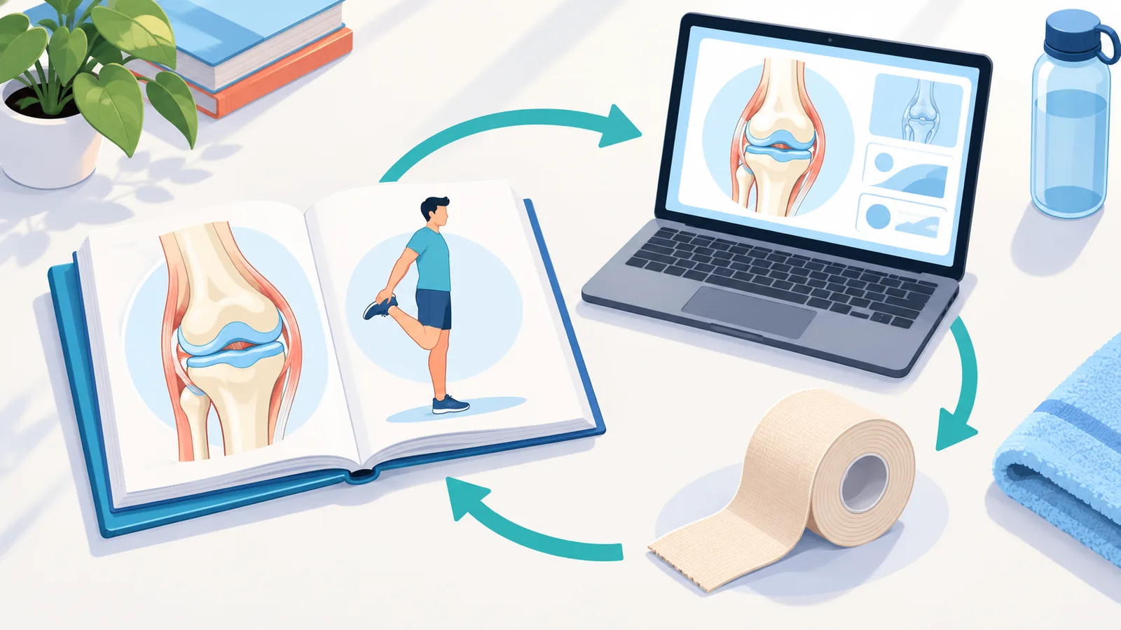 Sports medicine guides and tape on a desk
