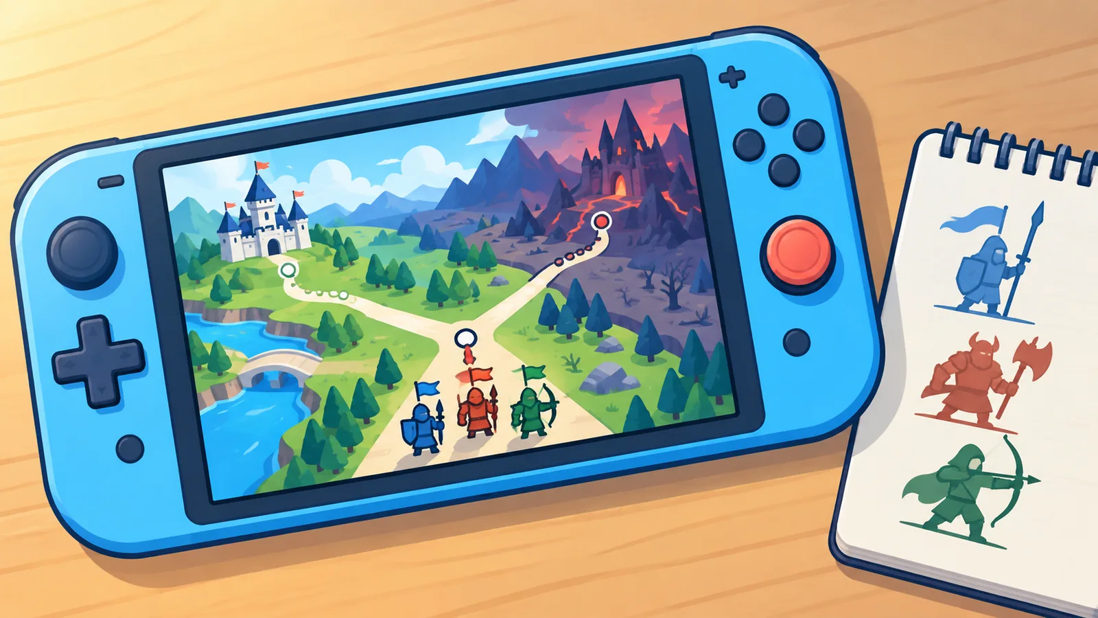 Handheld console with a fantasy strategy map beside a notebook of squad sketches
