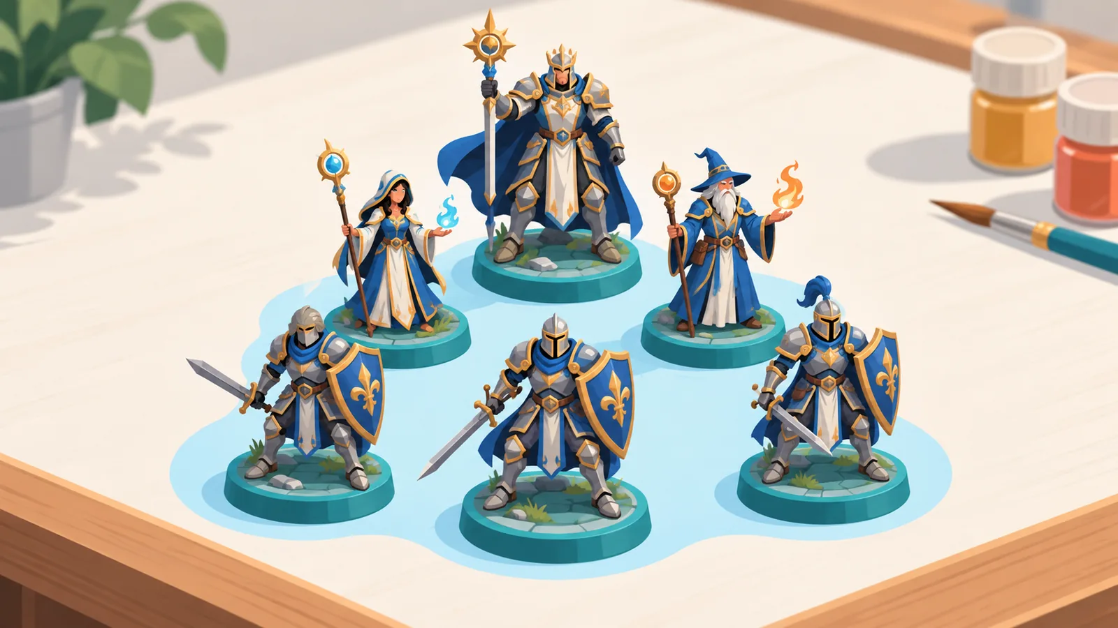 Fantasy knight and mage miniatures arranged in a squad formation