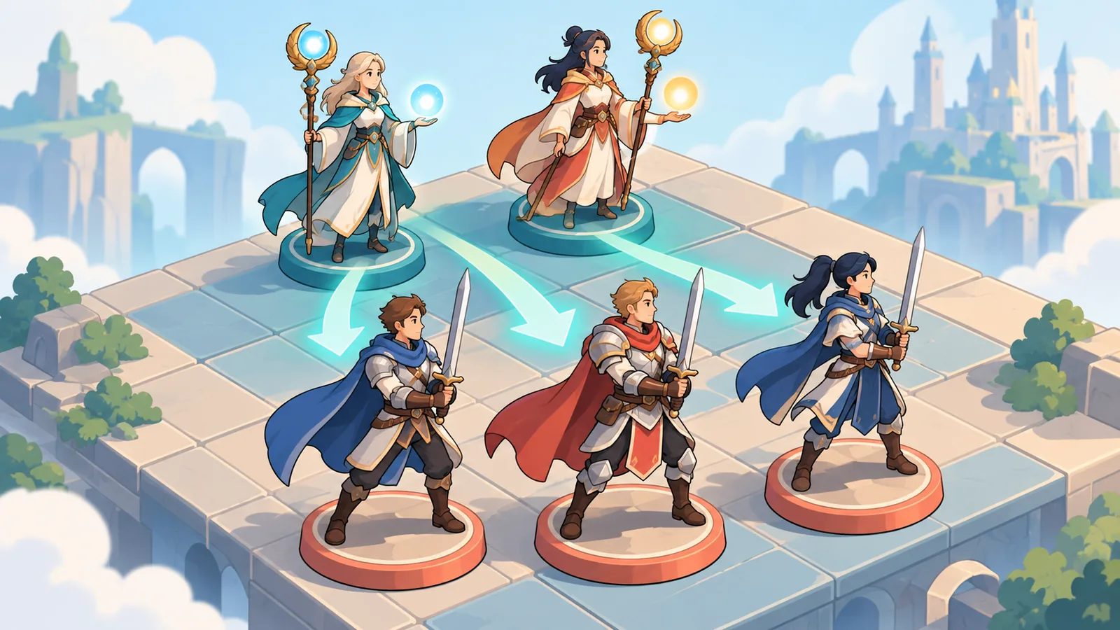 Swordsman and support figurines lined up on a strategy board