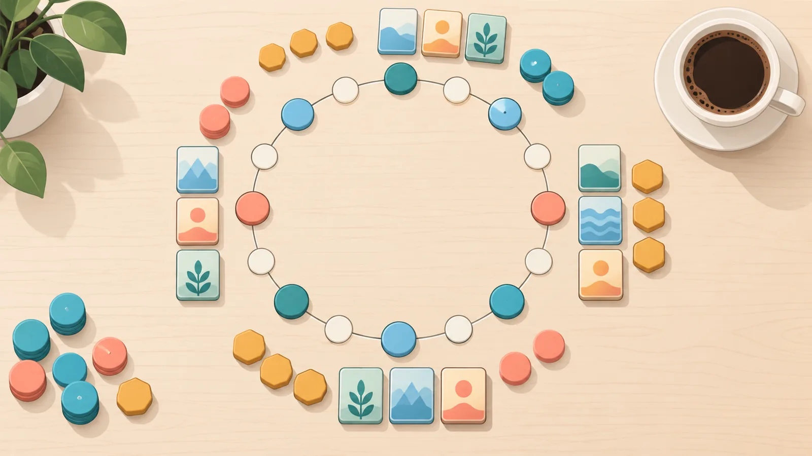Game tokens and a coffee cup on a wooden table