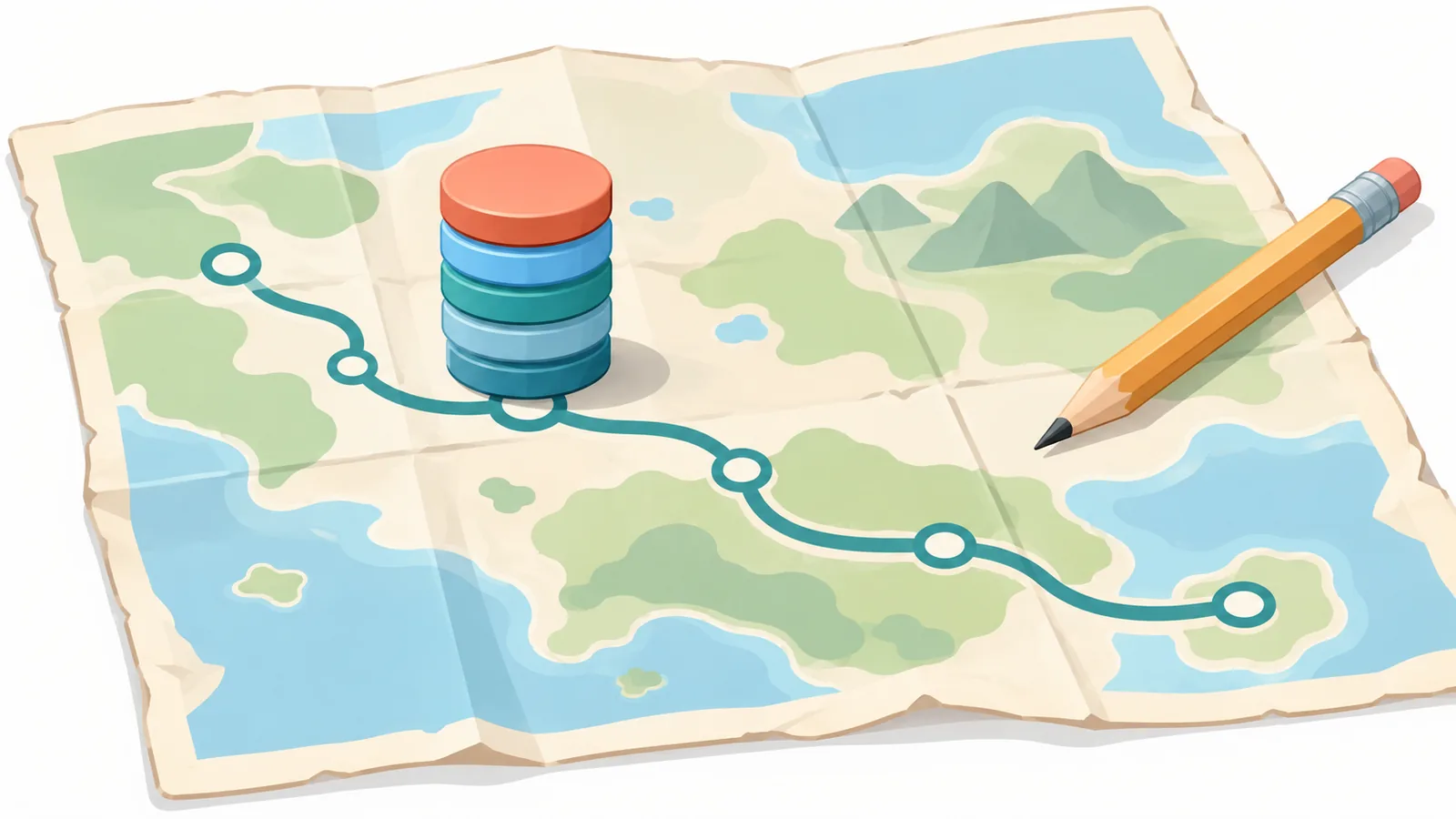 Stack of game tokens on a worn map beside a pencil
