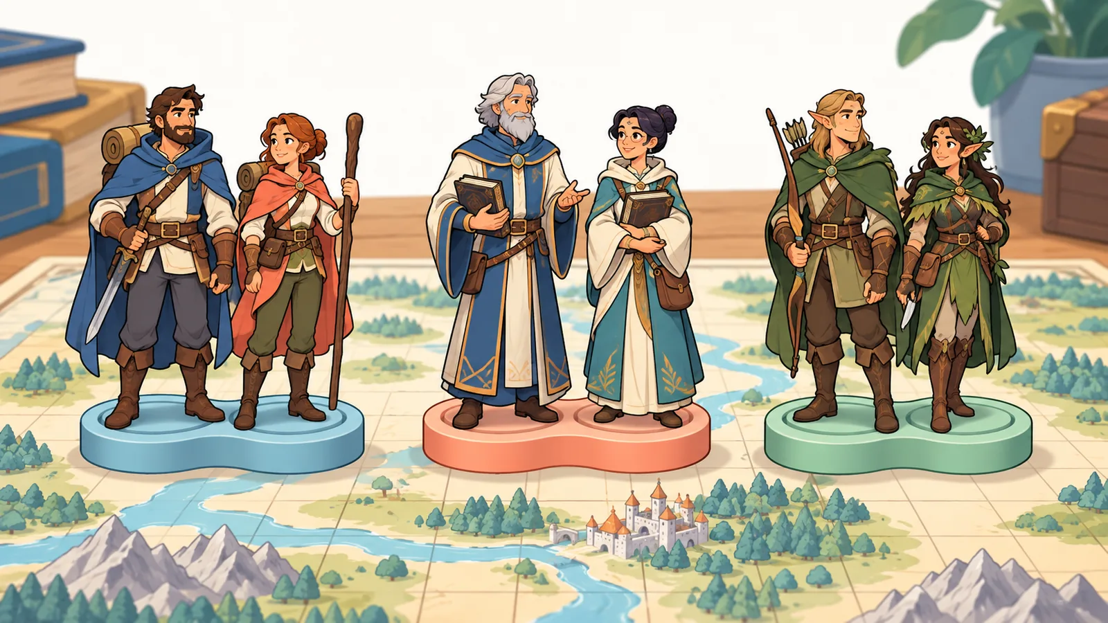 Pairs of fantasy figurines standing together on a gridded map