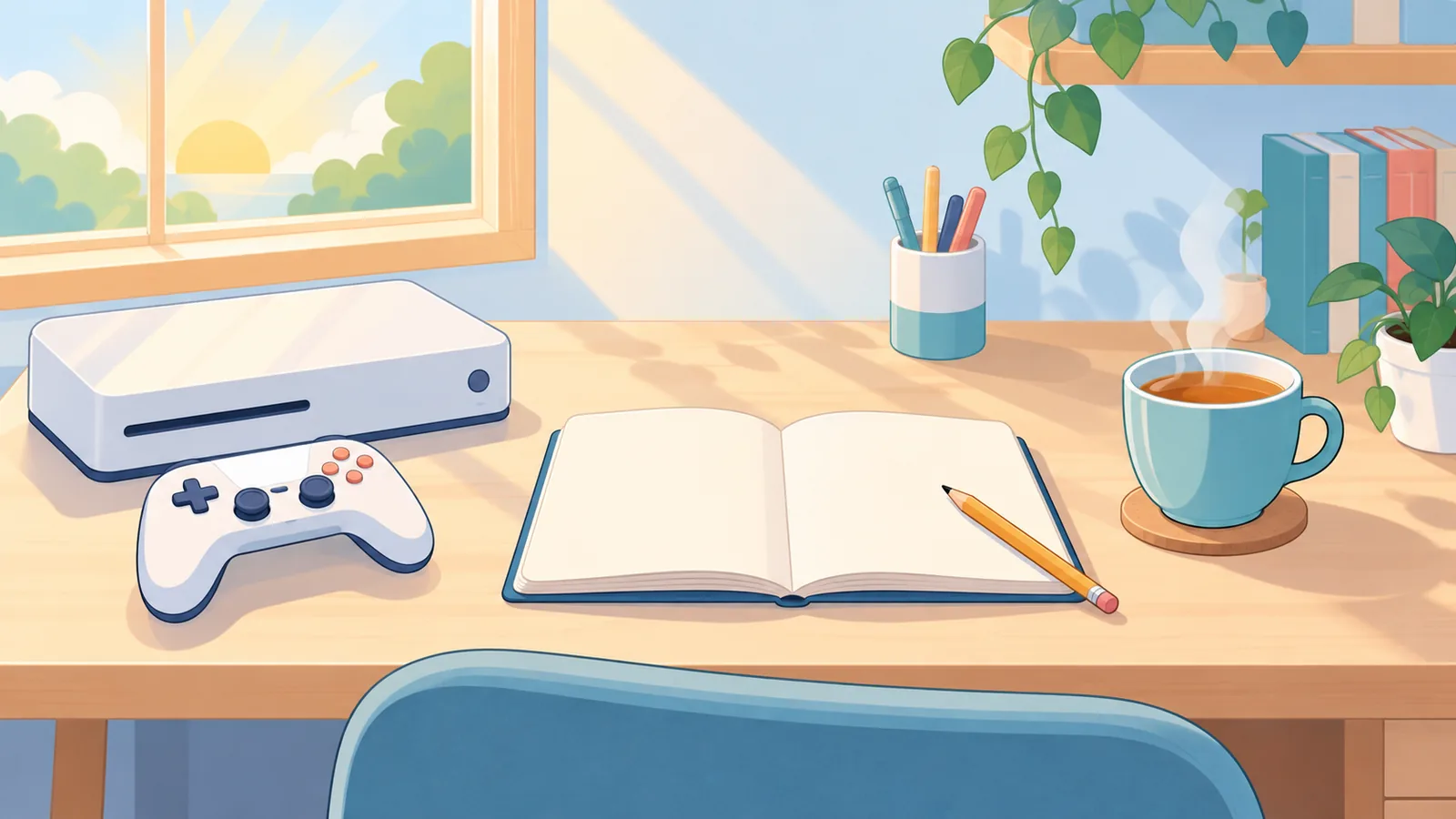Beginner desk setup with a console, notebook, and tea