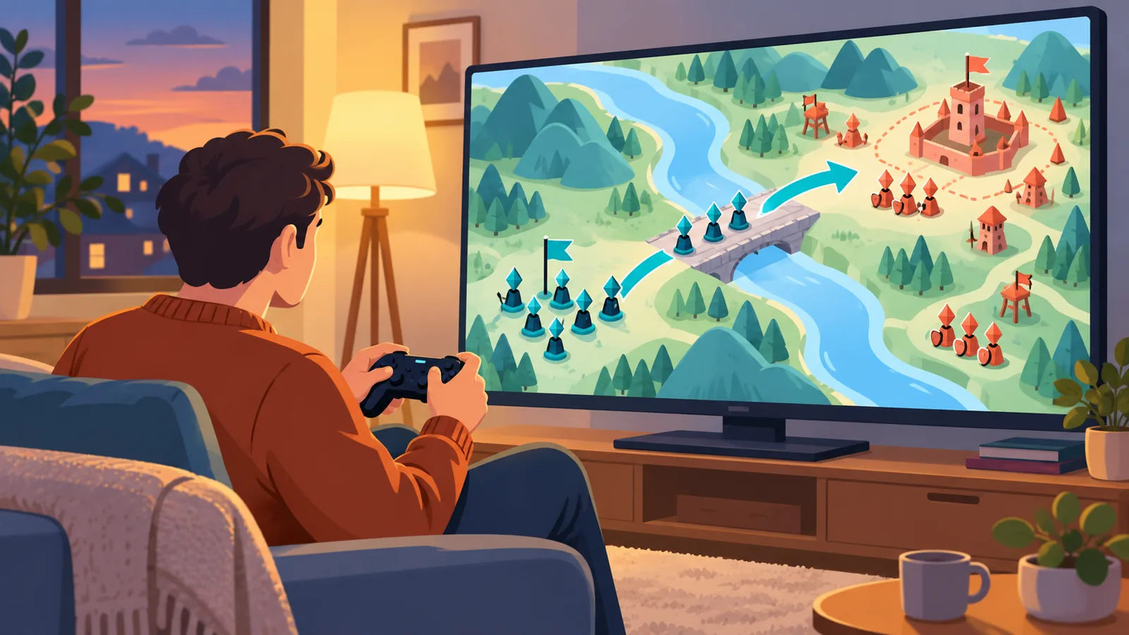 Player with a controller facing a monitor showing a tactical battle map