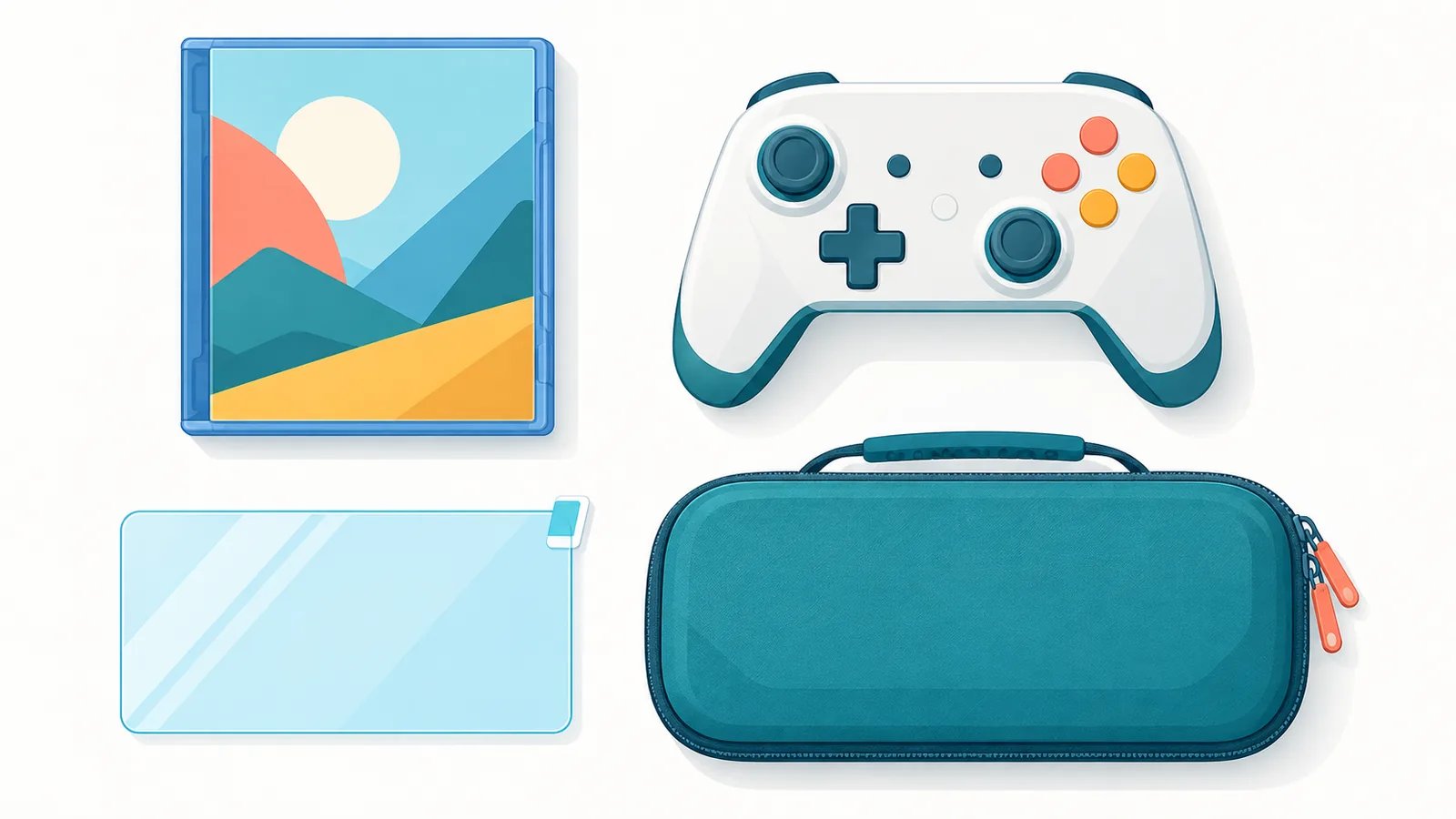 Game case, controller, screen protector, and carrying case laid out flat