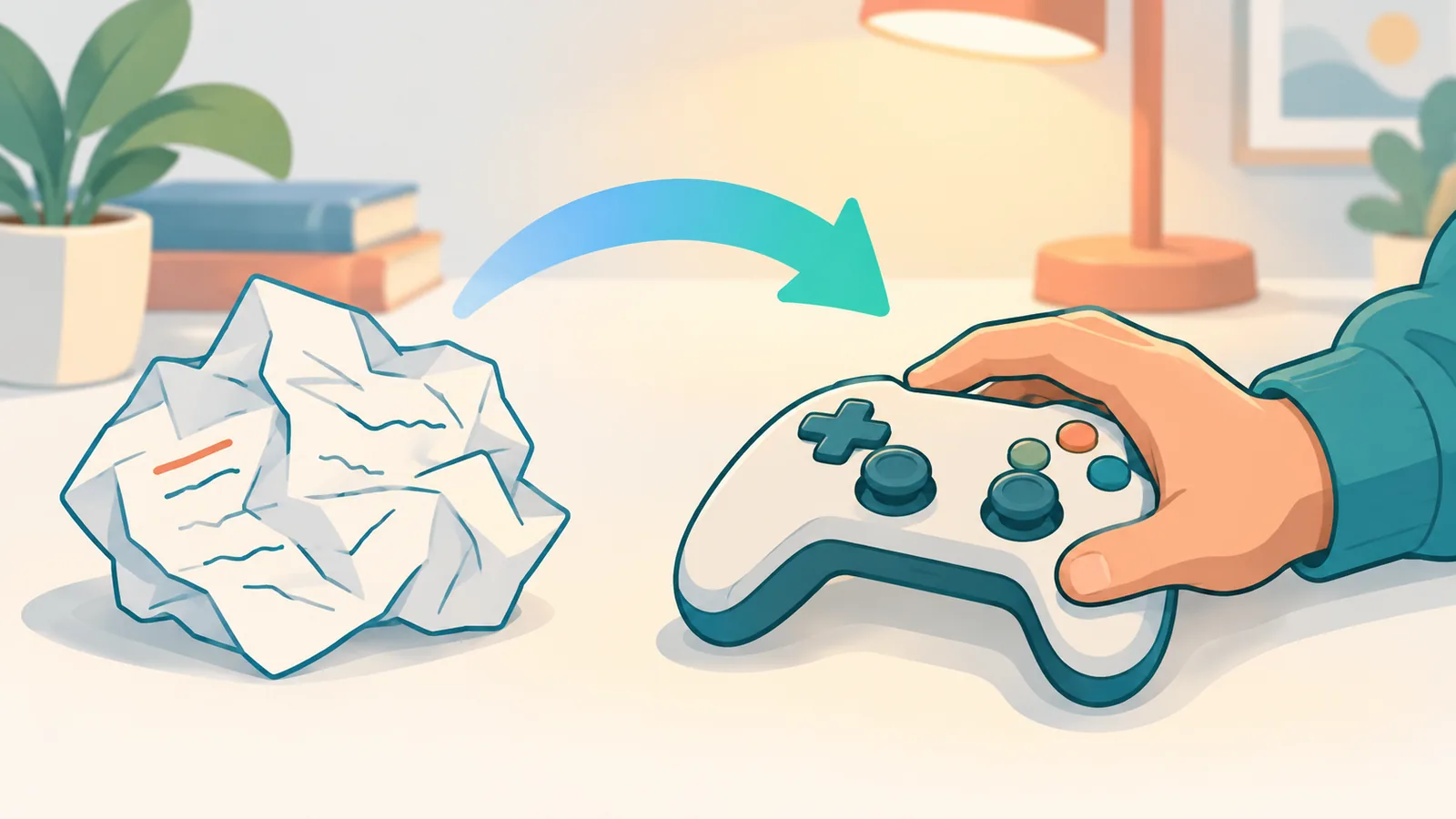 Crumpled notes beside a hand resting on a controller