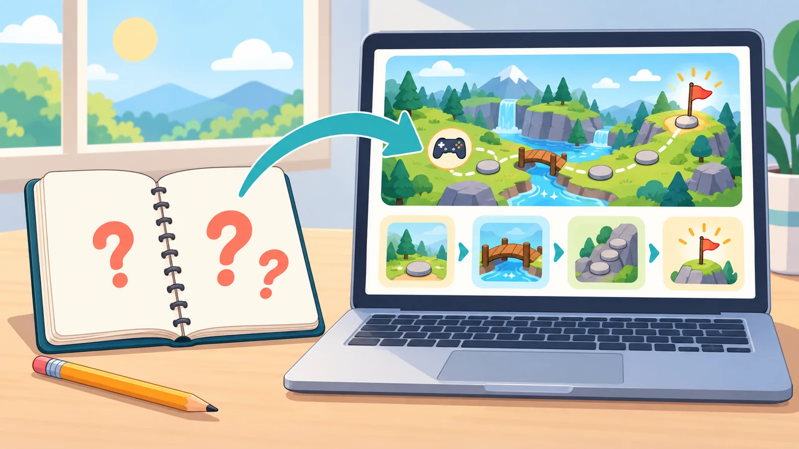 Notebook with question marks next to a laptop showing a game guide