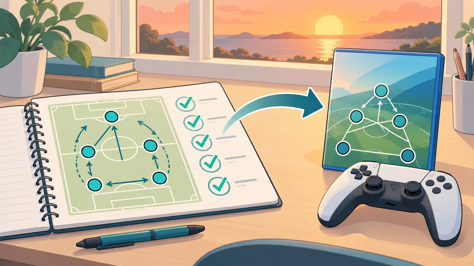 Game case and controller beside a notebook of finished squad plans